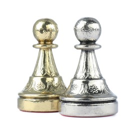 Photo of Silver and golden pawns on white background. Chess pieces