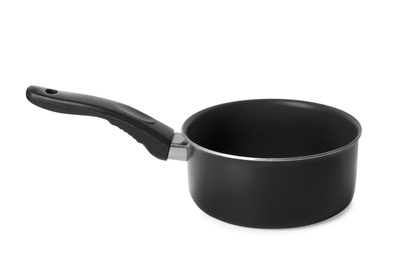 Photo of Empty modern black saucepan isolated on white