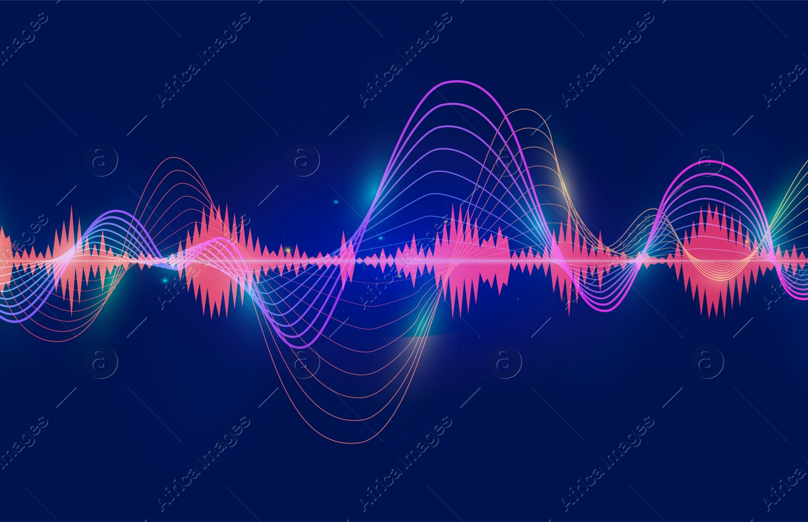 Image of Futuristic dashboard of business analytics information. Digital graphic and sound wave on blue background