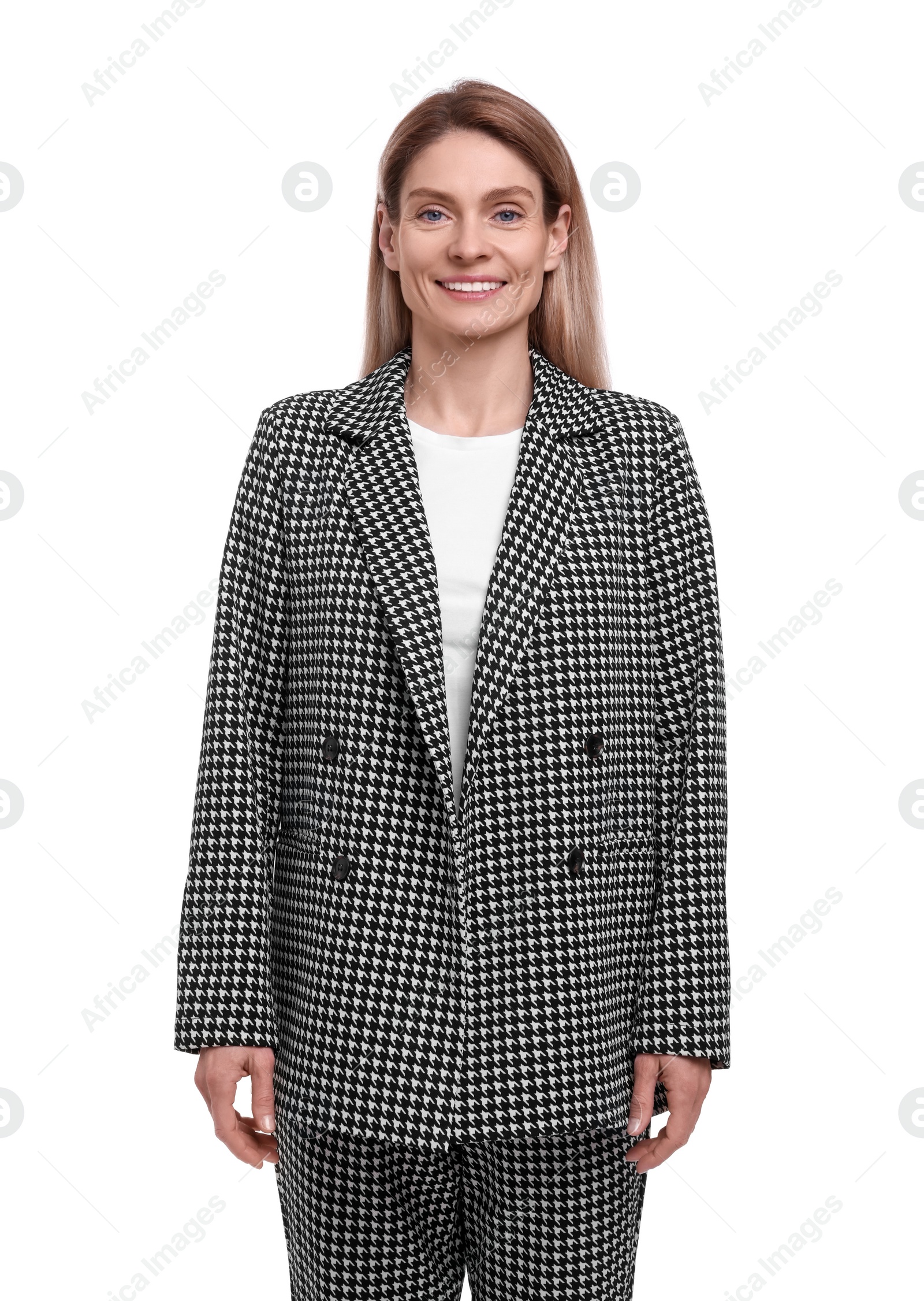 Photo of Beautiful happy businesswoman in suit on white background