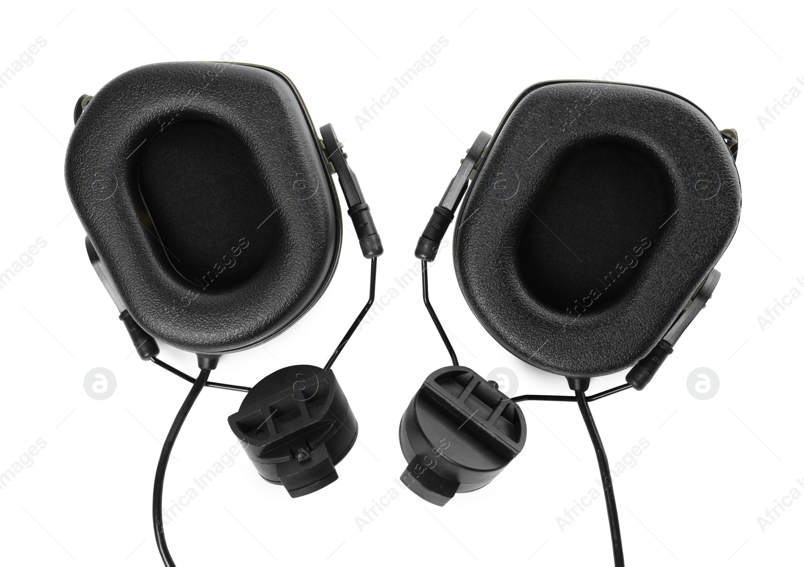 Photo of Tactical headphones on white background, top view. Military training equipment
