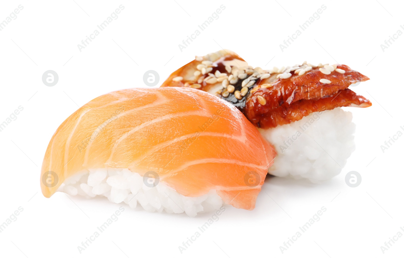 Photo of Delicious nigiri sushi isolated on white. Traditional Japanese cuisine