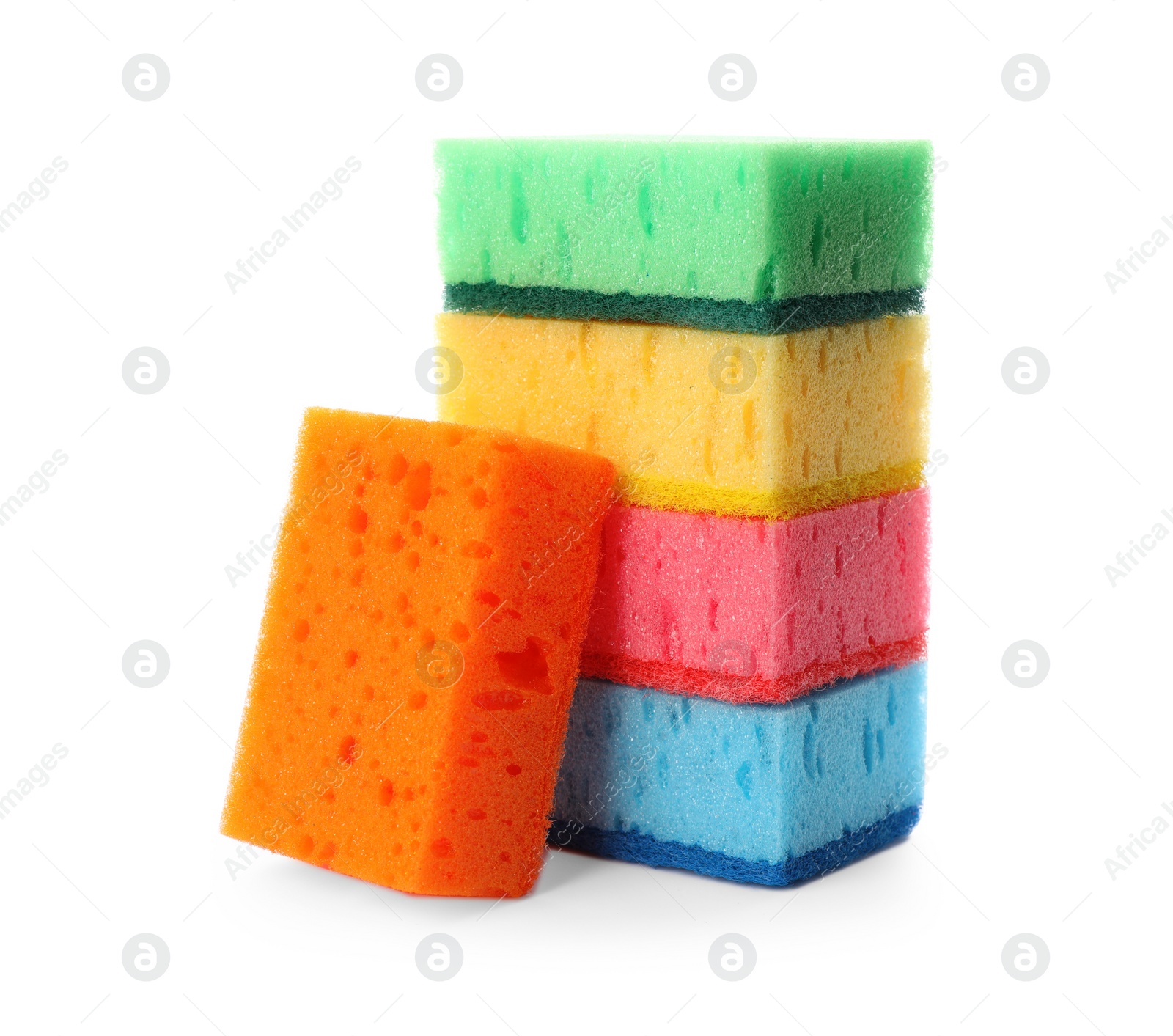 Photo of Bright cleaning sponges with abrasive scourers on white background