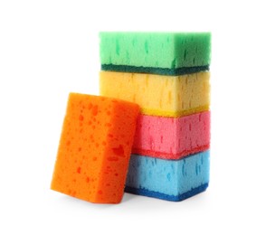 Bright cleaning sponges with abrasive scourers on white background