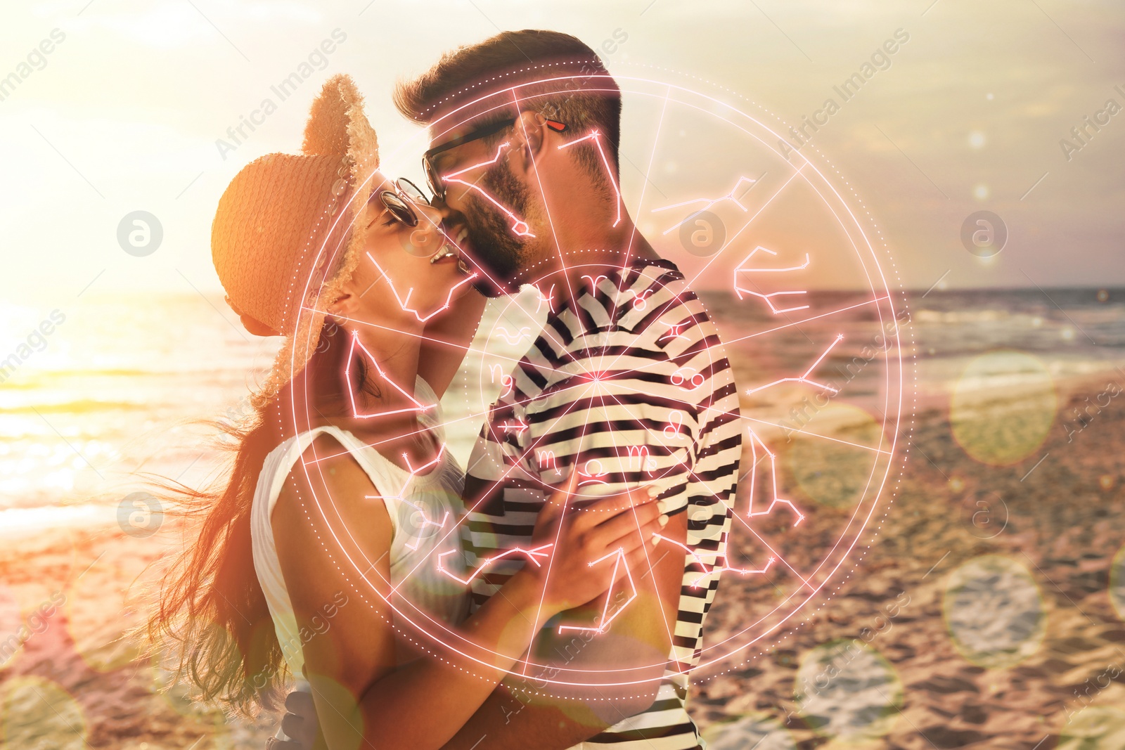 Image of Horoscope compatibility. Loving couple and zodiac wheel