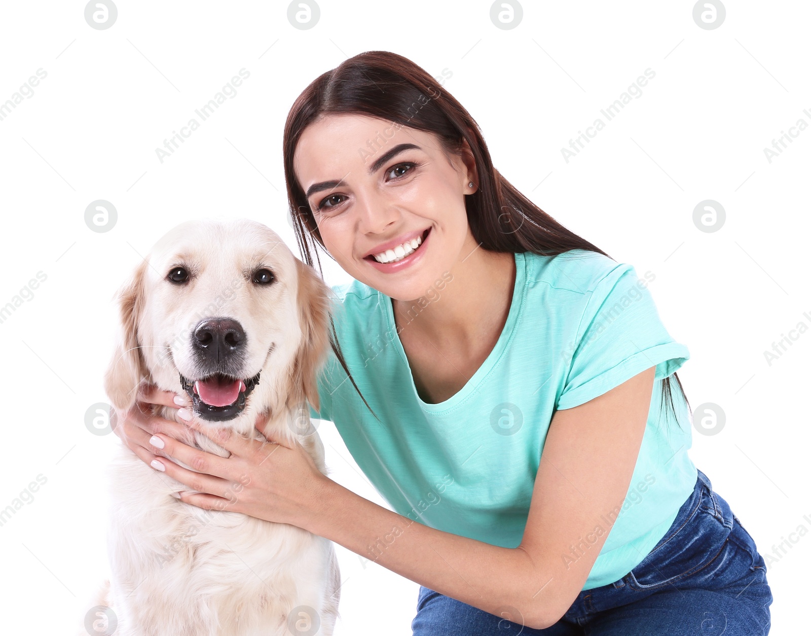 Photo of Young woman and her Golden Retriever dog on white background