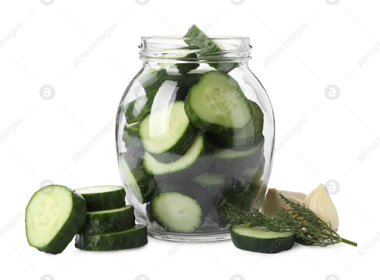 Photo of Pickling jar with fresh ripe cucumbers on white background