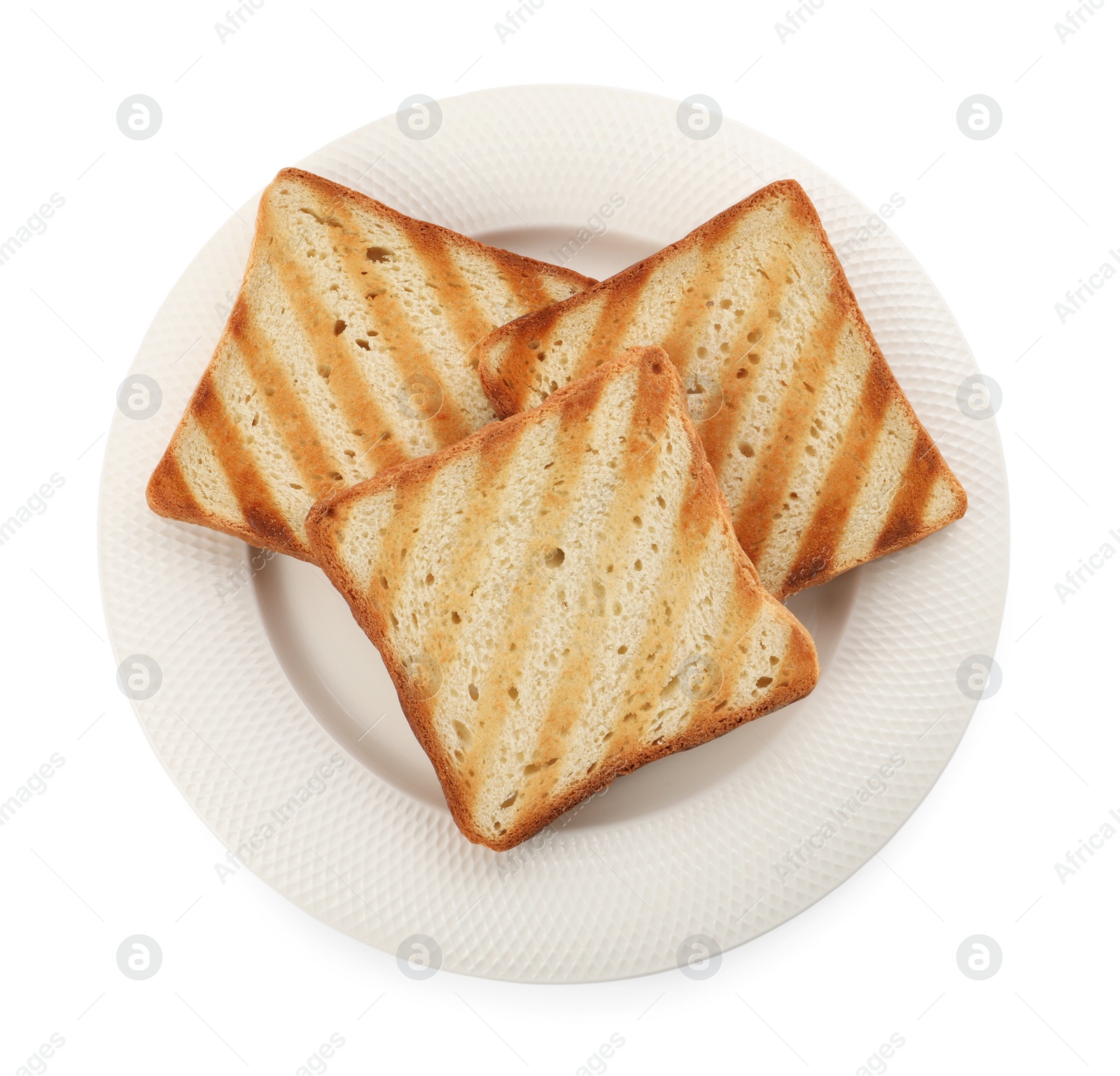 Photo of Plate with slices of delicious toasted bread on white background, top view