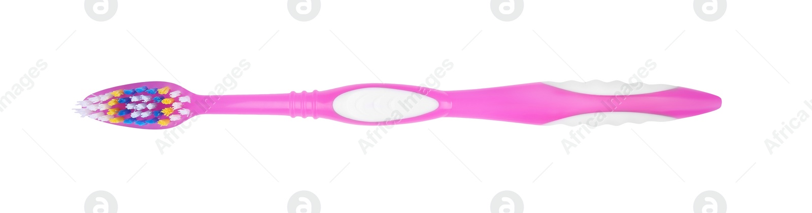 Photo of Pink plastic toothbrush isolated on white, top view