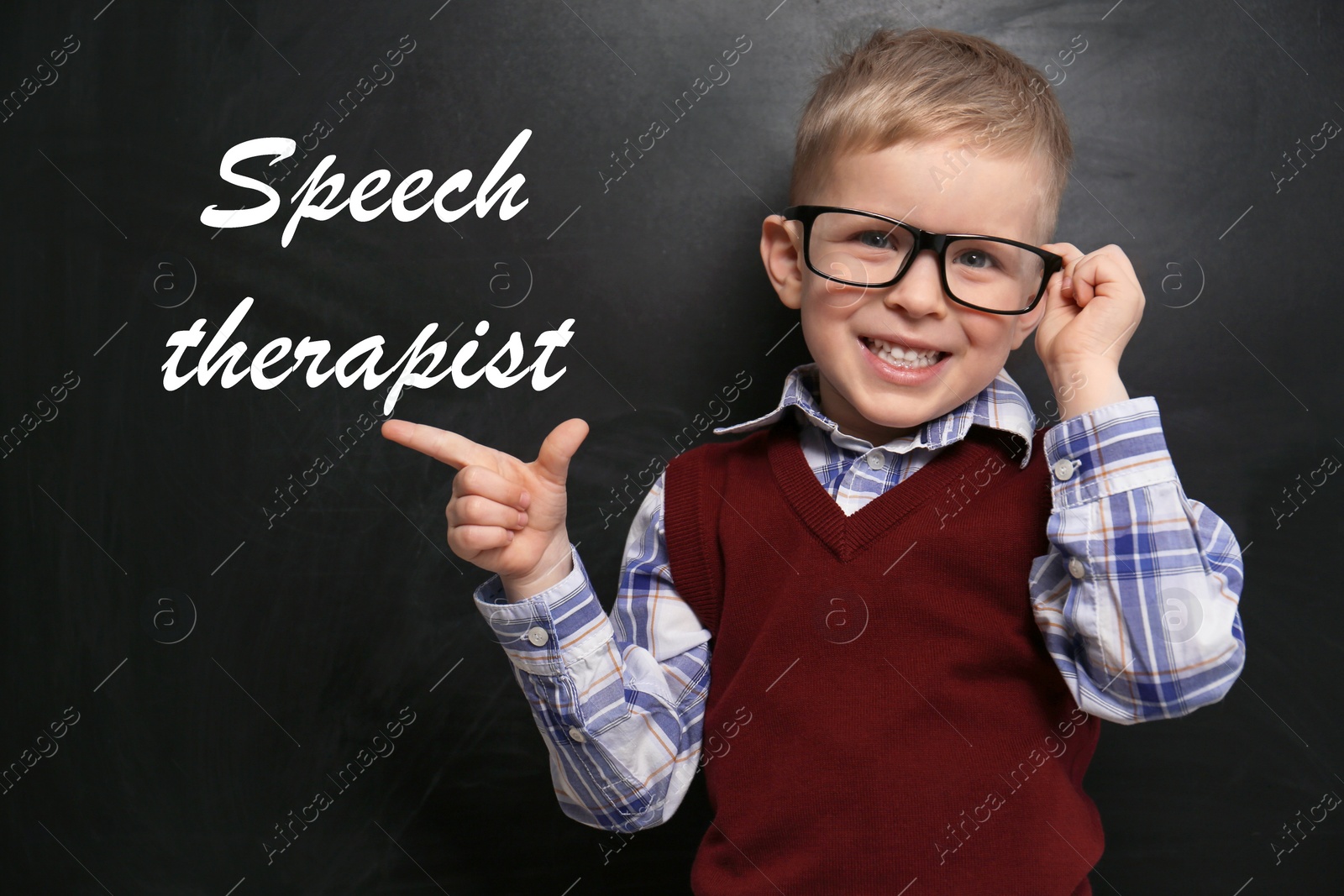 Image of Cute little child near chalkboard and text Speech Therapist 