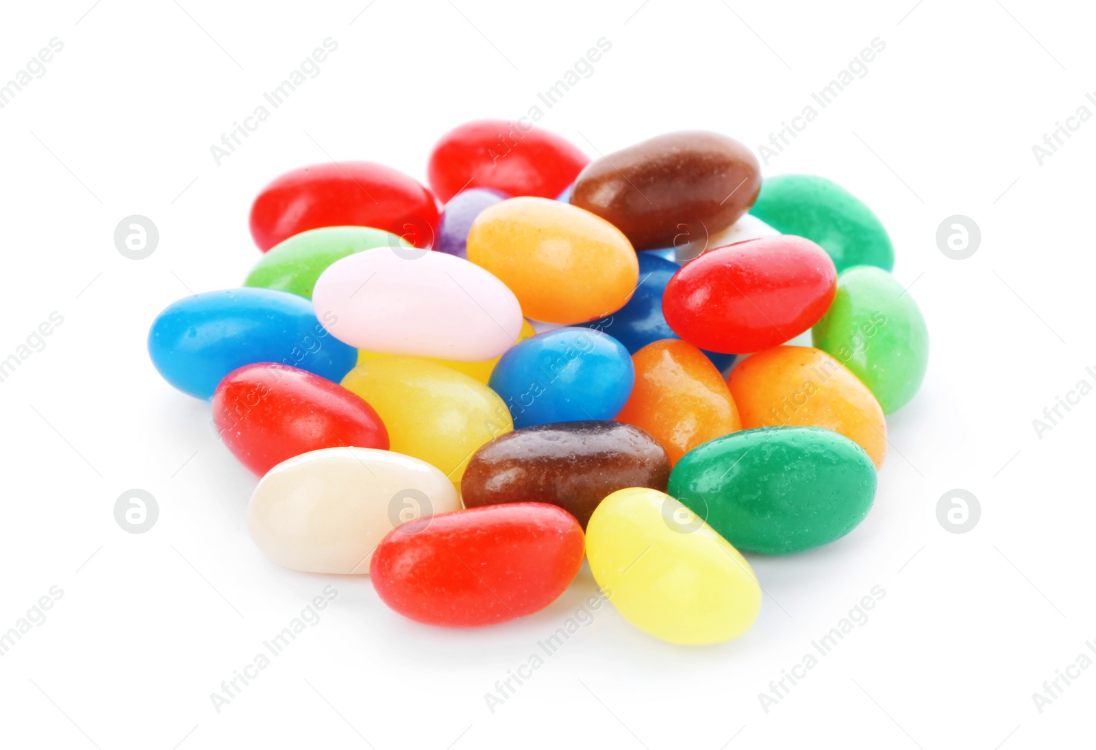 Photo of Pile of delicious colorful dragee candies on white background