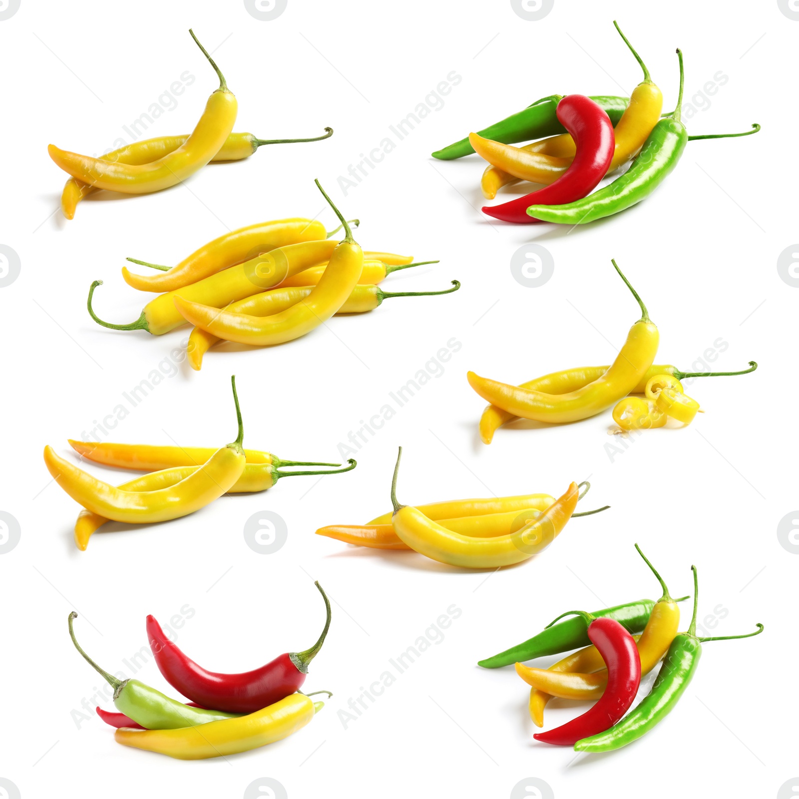 Image of Set with ripe chili peppers on white background 