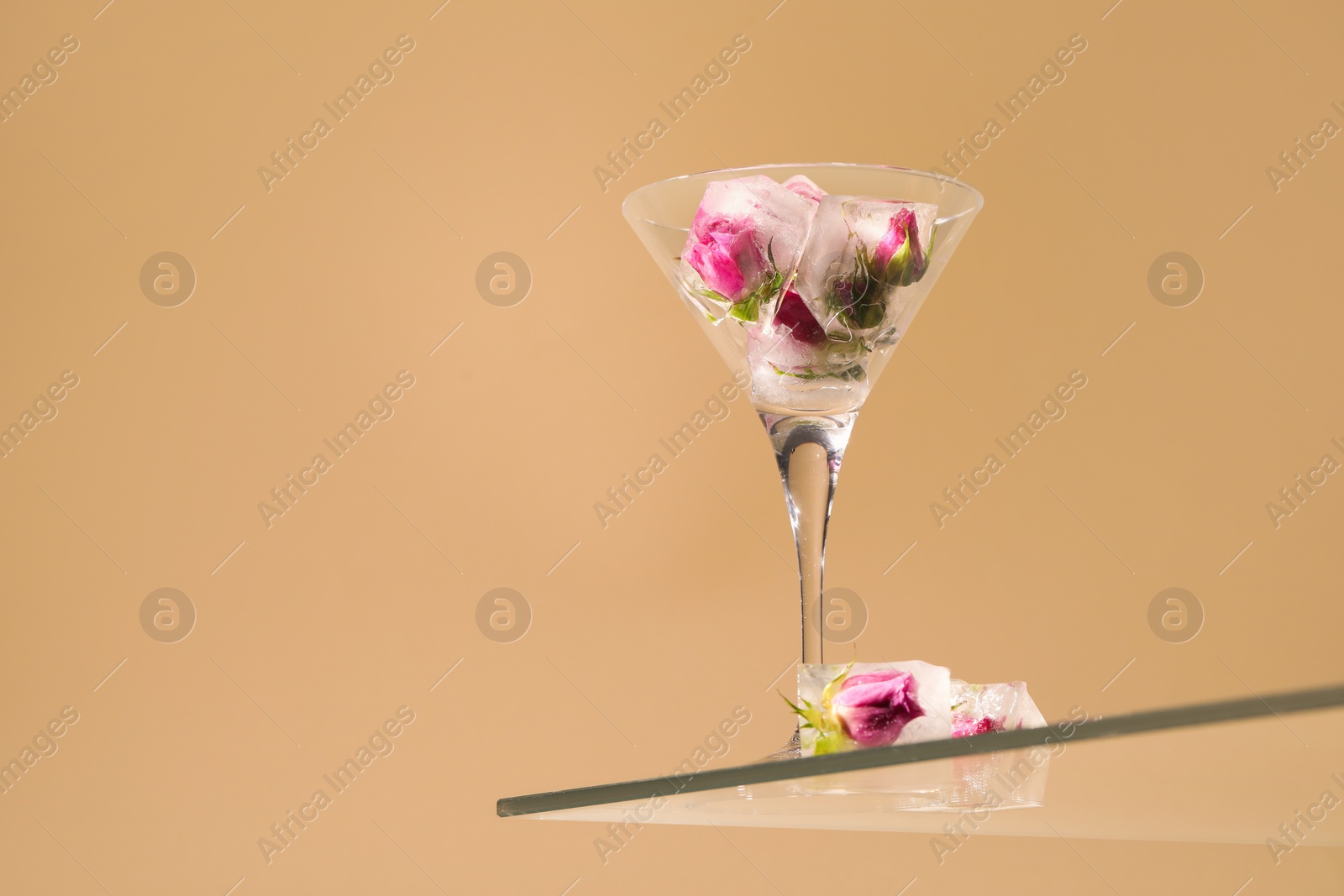 Photo of Ice cubes with frozen flowers in martini glass on table against beige background, low angle view. Space for text