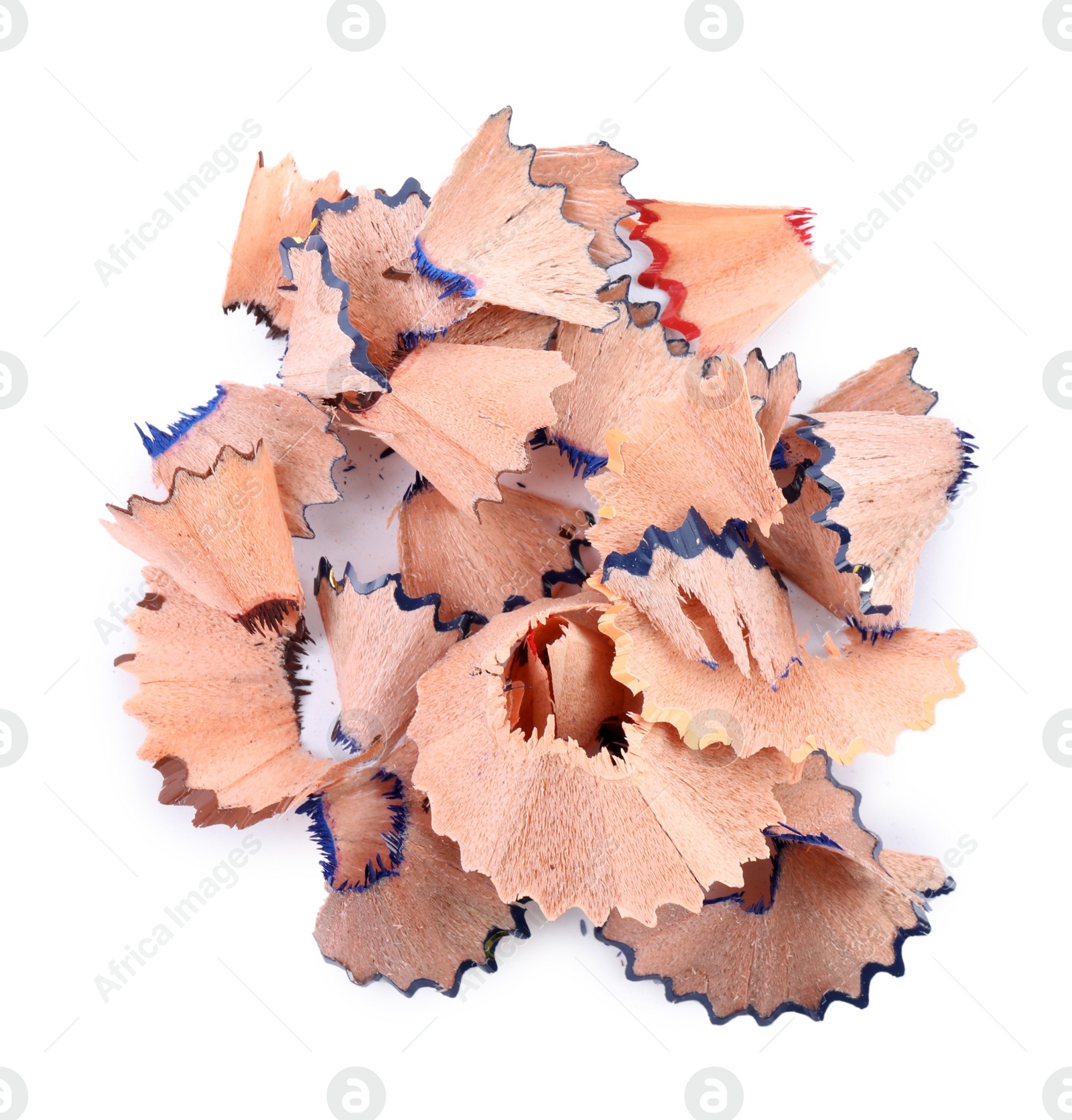 Photo of Heap of colorful pencil shavings on white background, top view