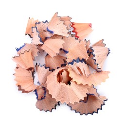Heap of colorful pencil shavings on white background, top view