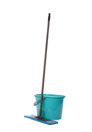 Photo of Mop and plastic bucket on white background. Cleaning service