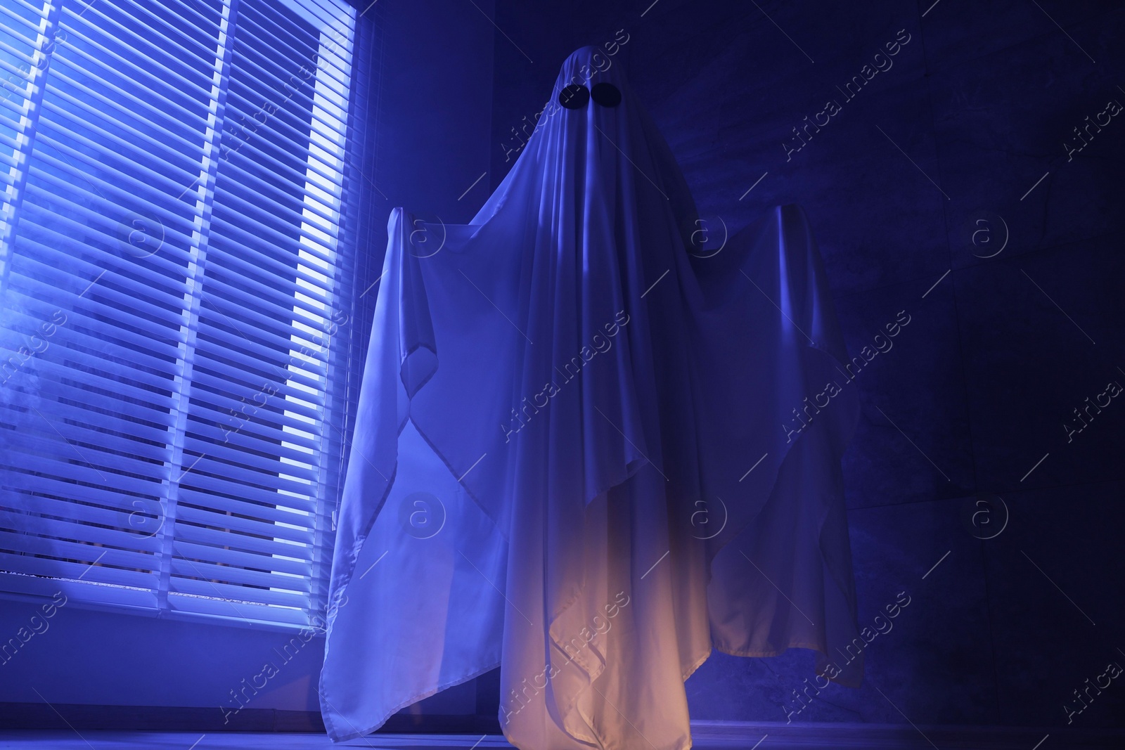 Photo of Creepy ghost. Woman covered with sheet near window in blue light, low angle view