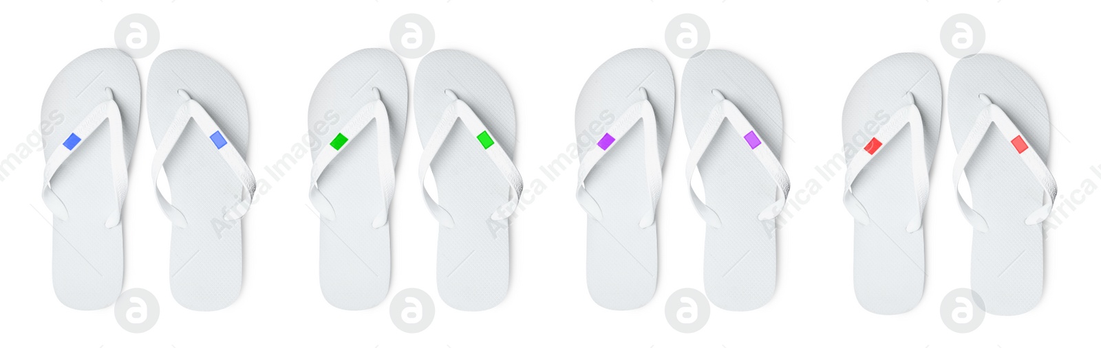 Image of Set with stylish flip flops on white background, top view. Banner design