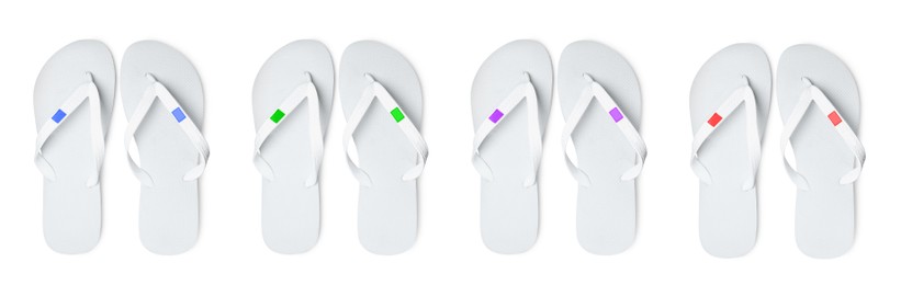 Image of Set with stylish flip flops on white background, top view. Banner design