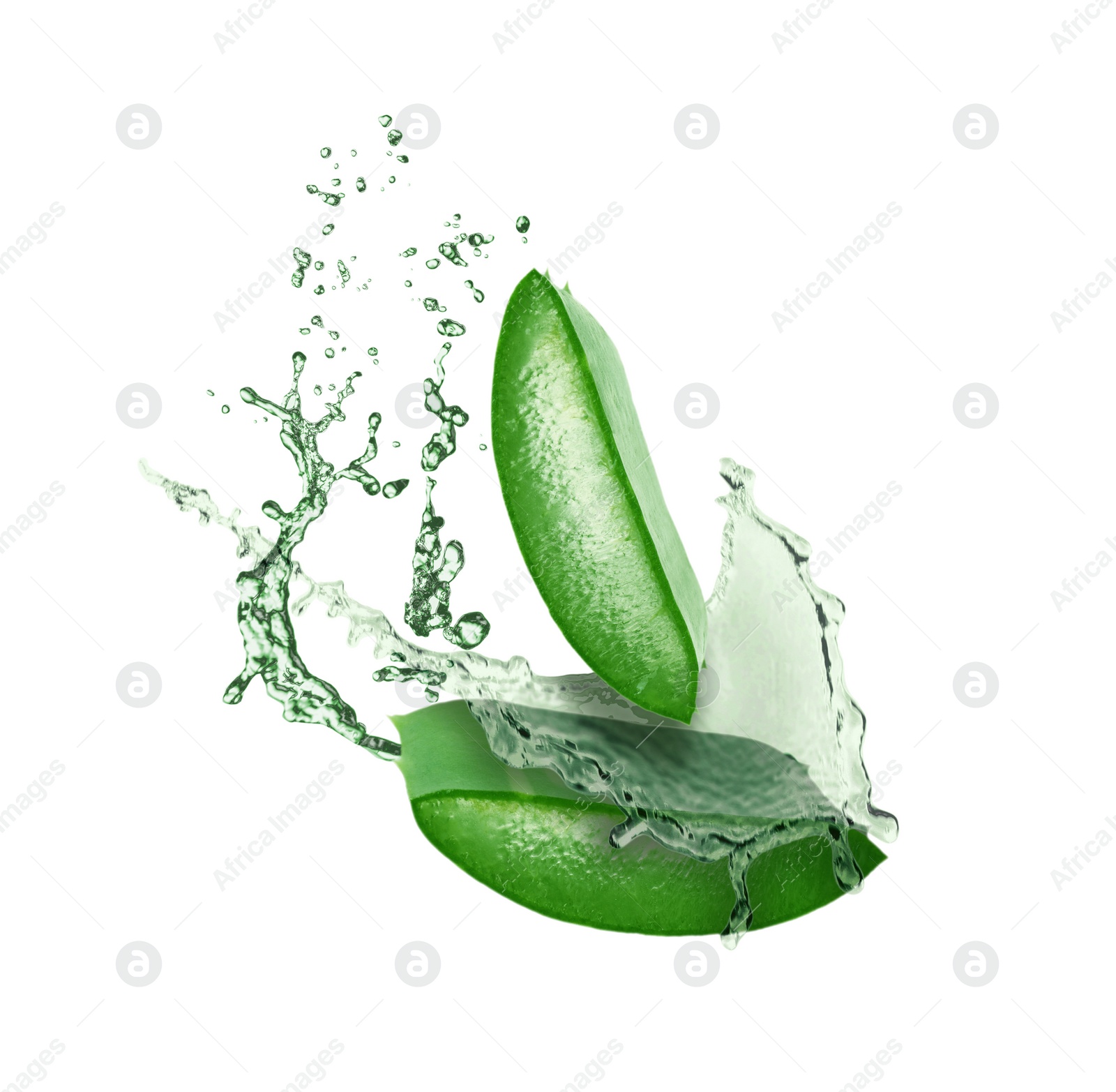 Image of Sliced aloe vera leaf and splashes of juice on white background