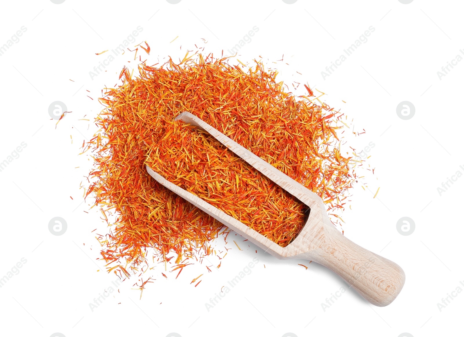 Photo of Aromatic saffron and scoop isolated on white, top view