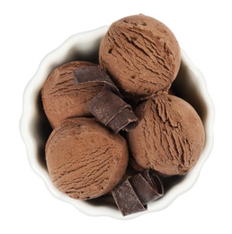 Photo of Bowl of tasty ice cream with chocolate curls isolated on white, top view