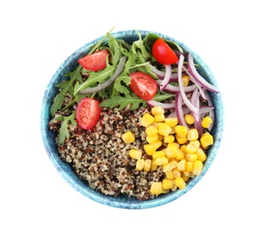 Photo of Healthy quinoa salad with vegetables in bowl isolated on white, top view