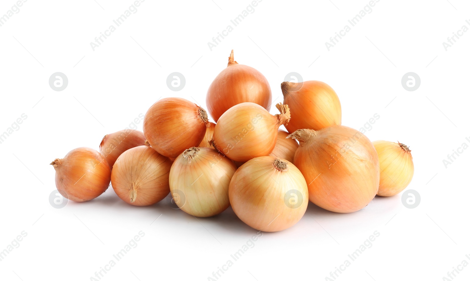 Photo of Fresh ripe onion bulbs on white background