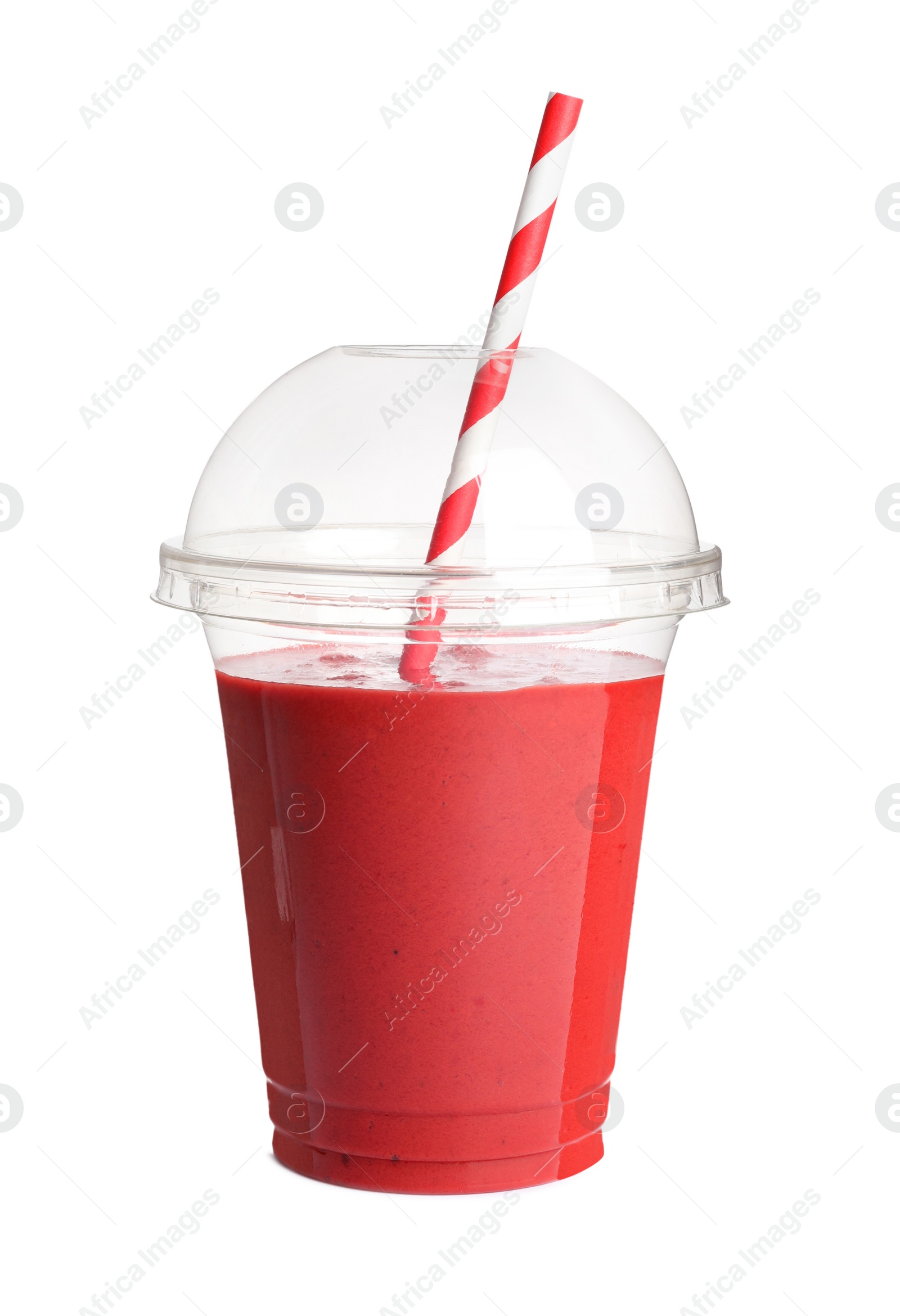 Photo of Plastic cup of tasty strawberry smoothie on white background