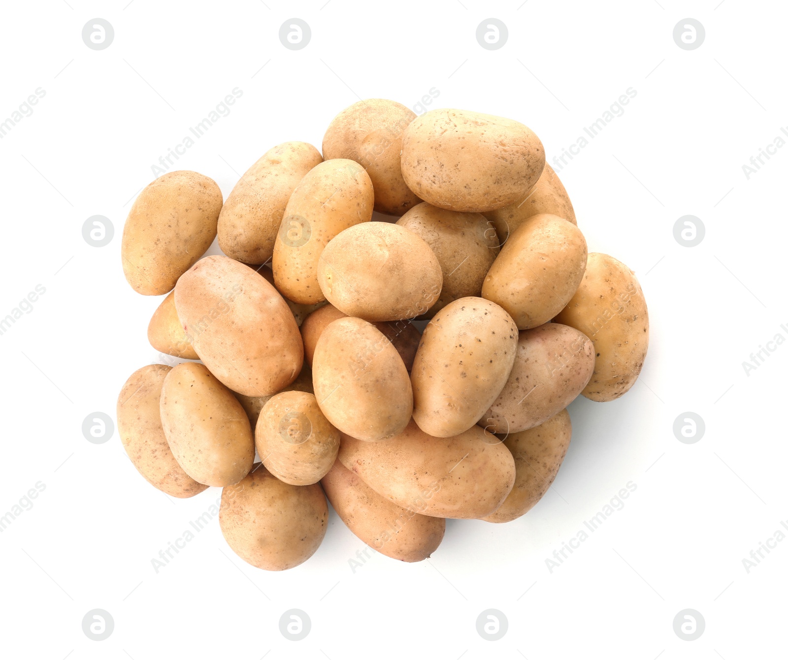 Photo of Fresh ripe organic potatoes on white background, top view