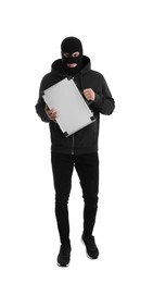 Photo of Man wearing black balaclava with metal briefcase on white background