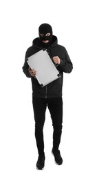 Man wearing black balaclava with metal briefcase on white background