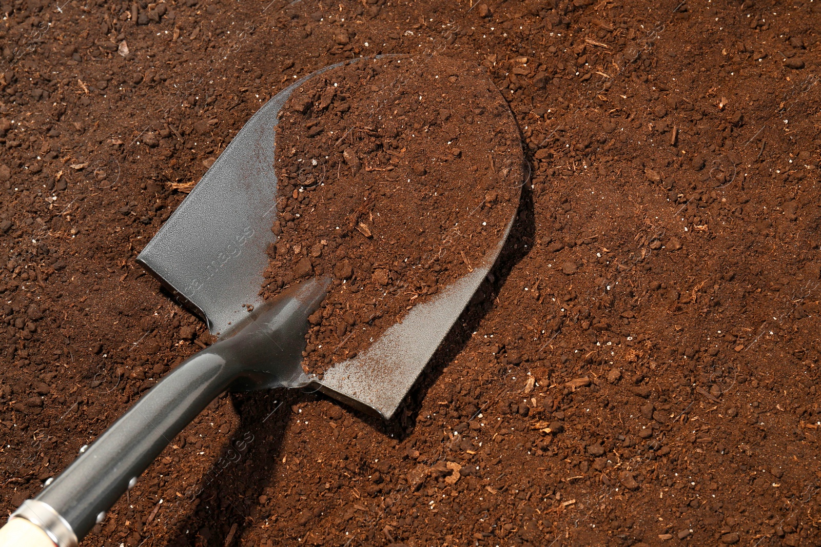 Metal shovel on fertile soil, space for text. Gardening tool Photo of Metal shovel on fertile soil, space for text. Gardening tool