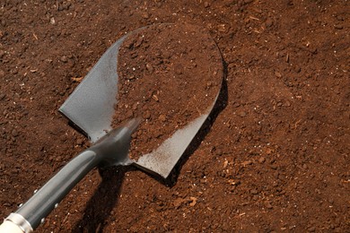 Photo of Metal shovel on fertile soil, space for text. Gardening tool