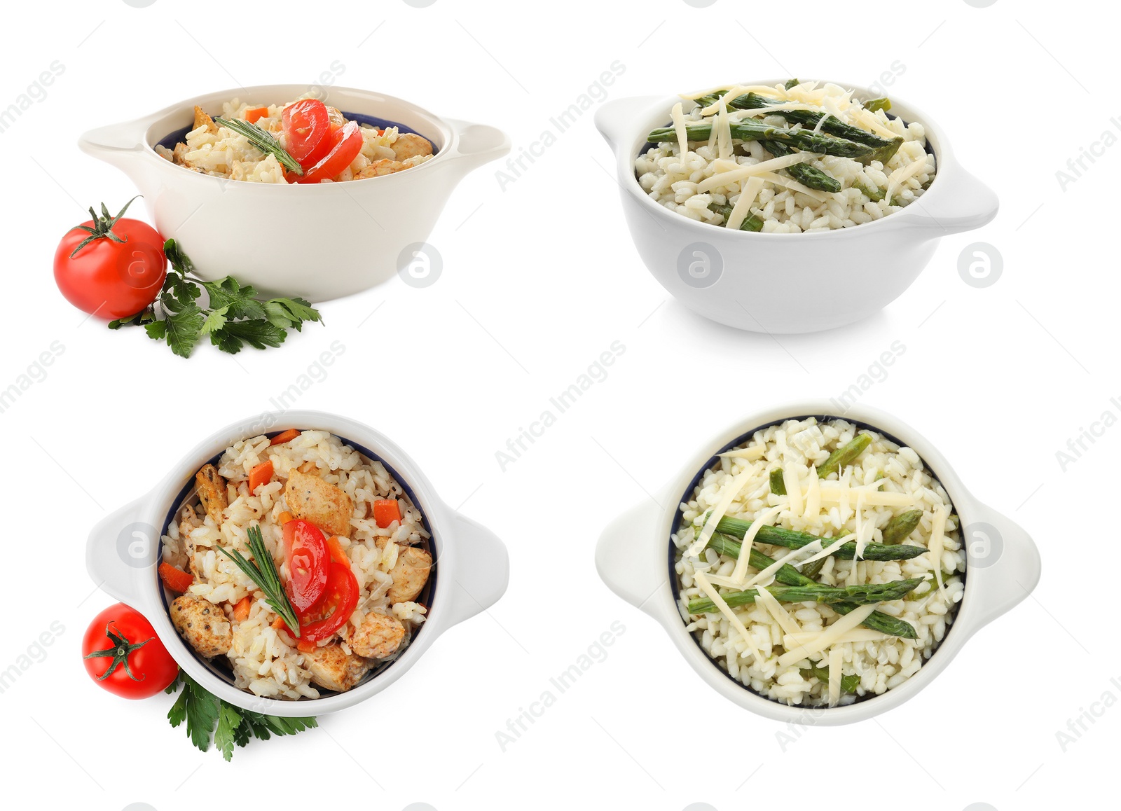 Image of Collage with delicious rissotos on white background