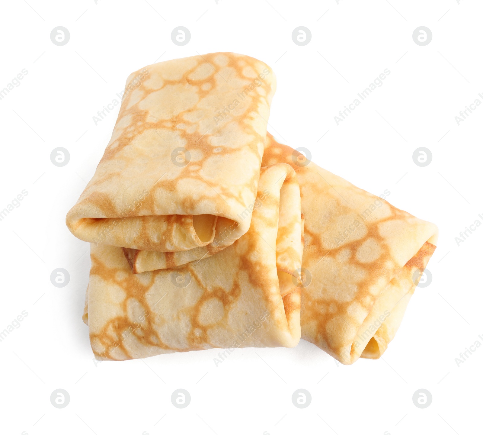 Photo of Folded fresh thin pancakes isolated on white, top view