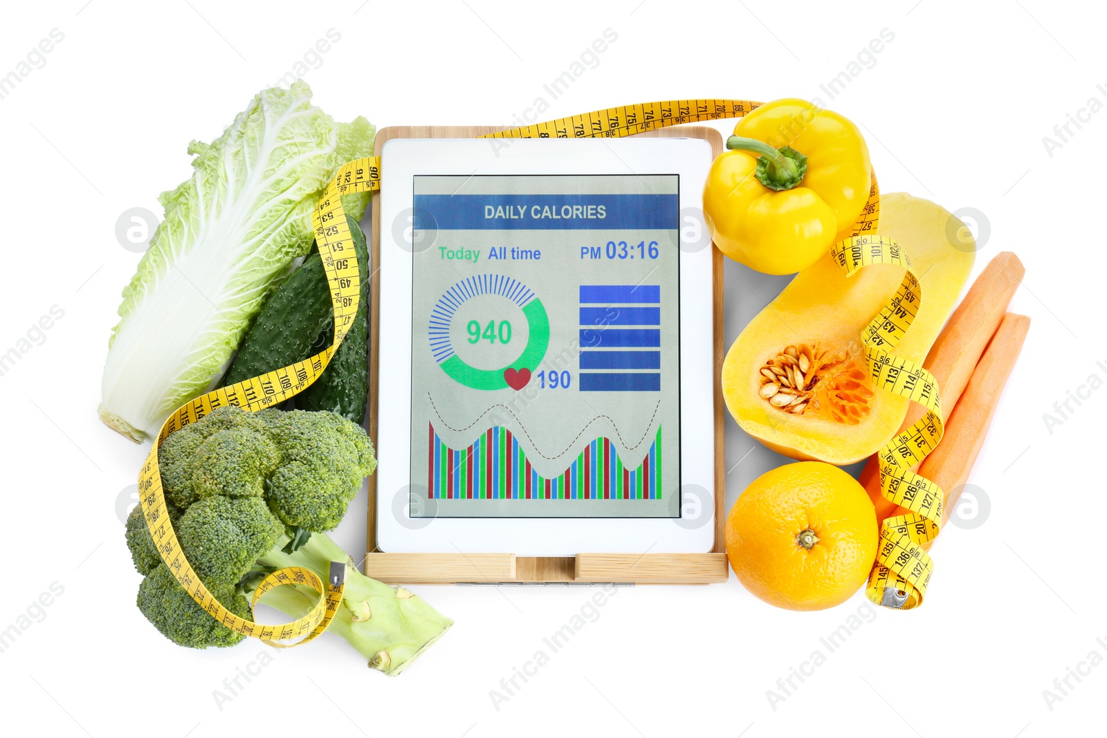 Photo of Tablet with weight loss calculator application and food products on white background, top view