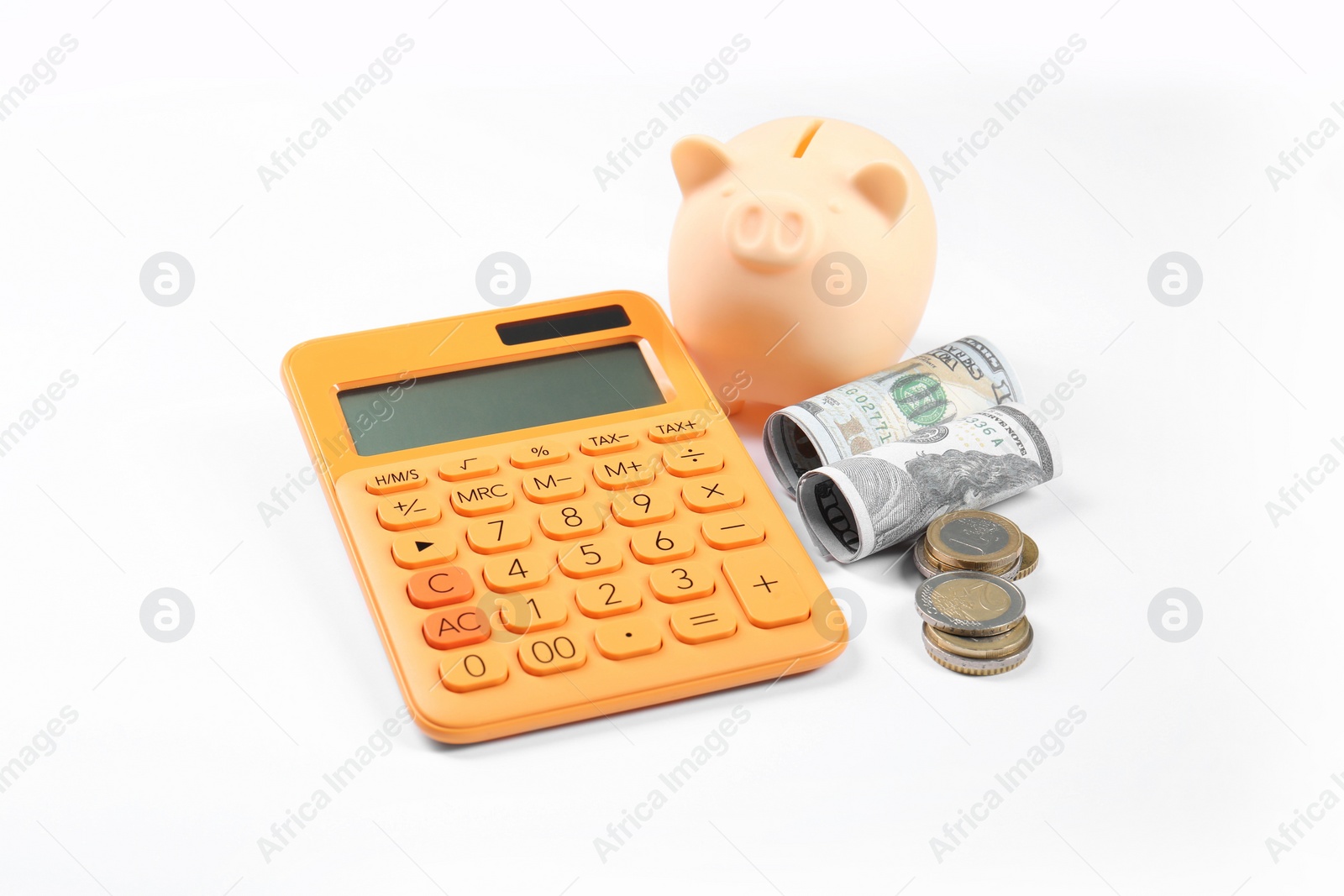 Photo of Calculator, piggy bank and money on white background. Retirement concept
