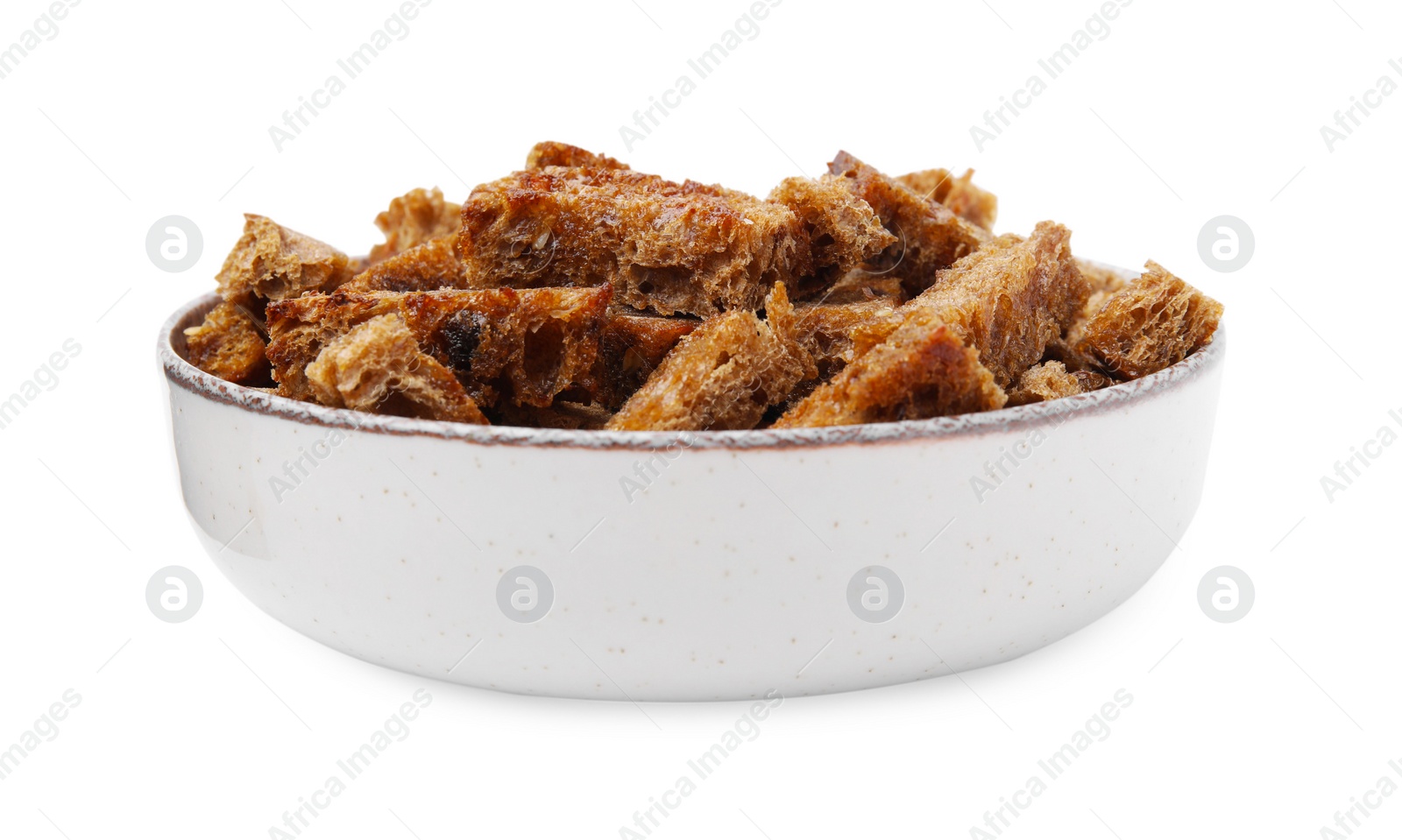 Photo of Bowl of crispy rusks isolated on white