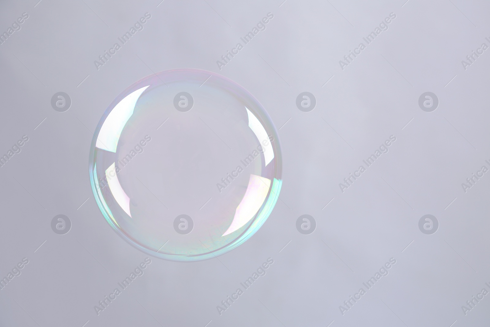 Photo of Beautiful translucent soap bubble on grey background. Space for text