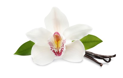 Photo of Aromatic vanilla sticks, beautiful orchid flower and green leaves on white background