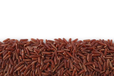 Photo of Raw red rice isolated on white, top view