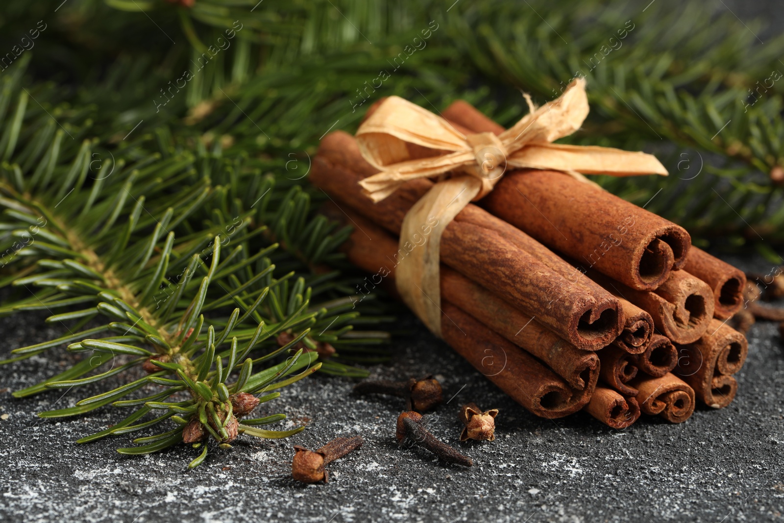Photo of Different spices. Aromatic cinnamon sticks, clove seeds and fir branches on dark gray textured table, closeup