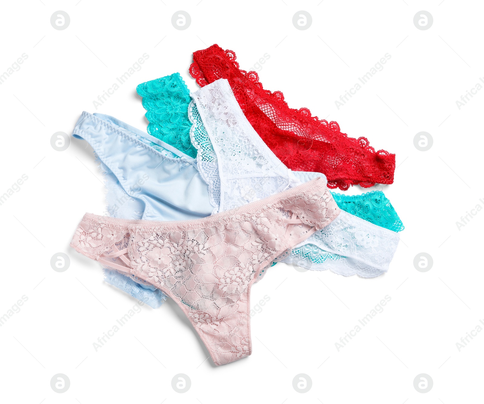 Photo of Set of elegant women's underwear isolated on white, top view