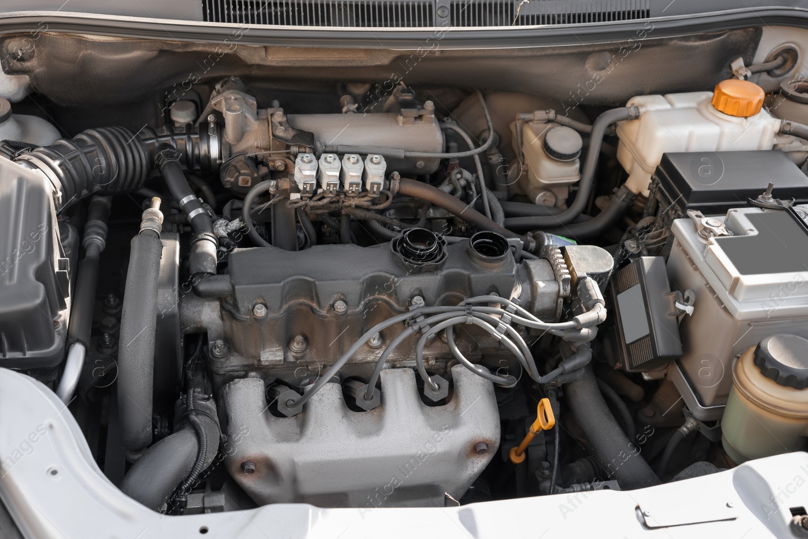 Photo of Closeup view of engine bay in modern auto