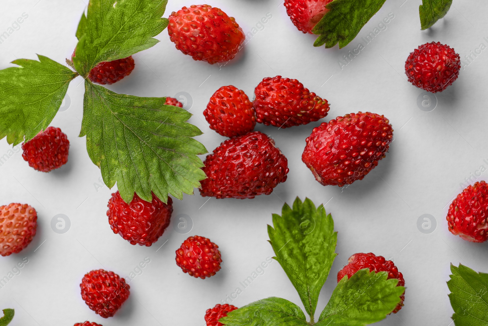 Photo of Many fresh wild strawberries and leaves on white background, flat lay
