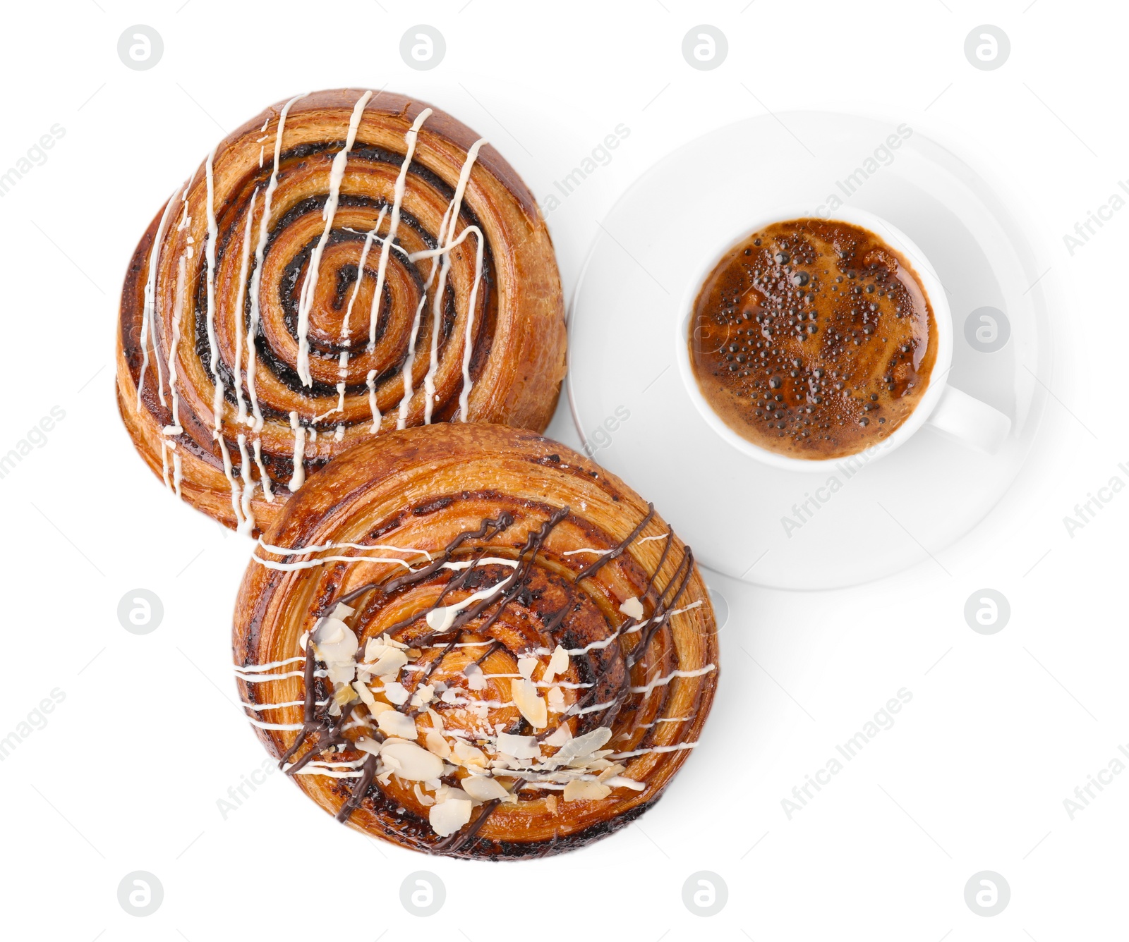 Photo of Delicious rolls with toppings, almond and cup of coffee isolated on white, top view. Sweet buns