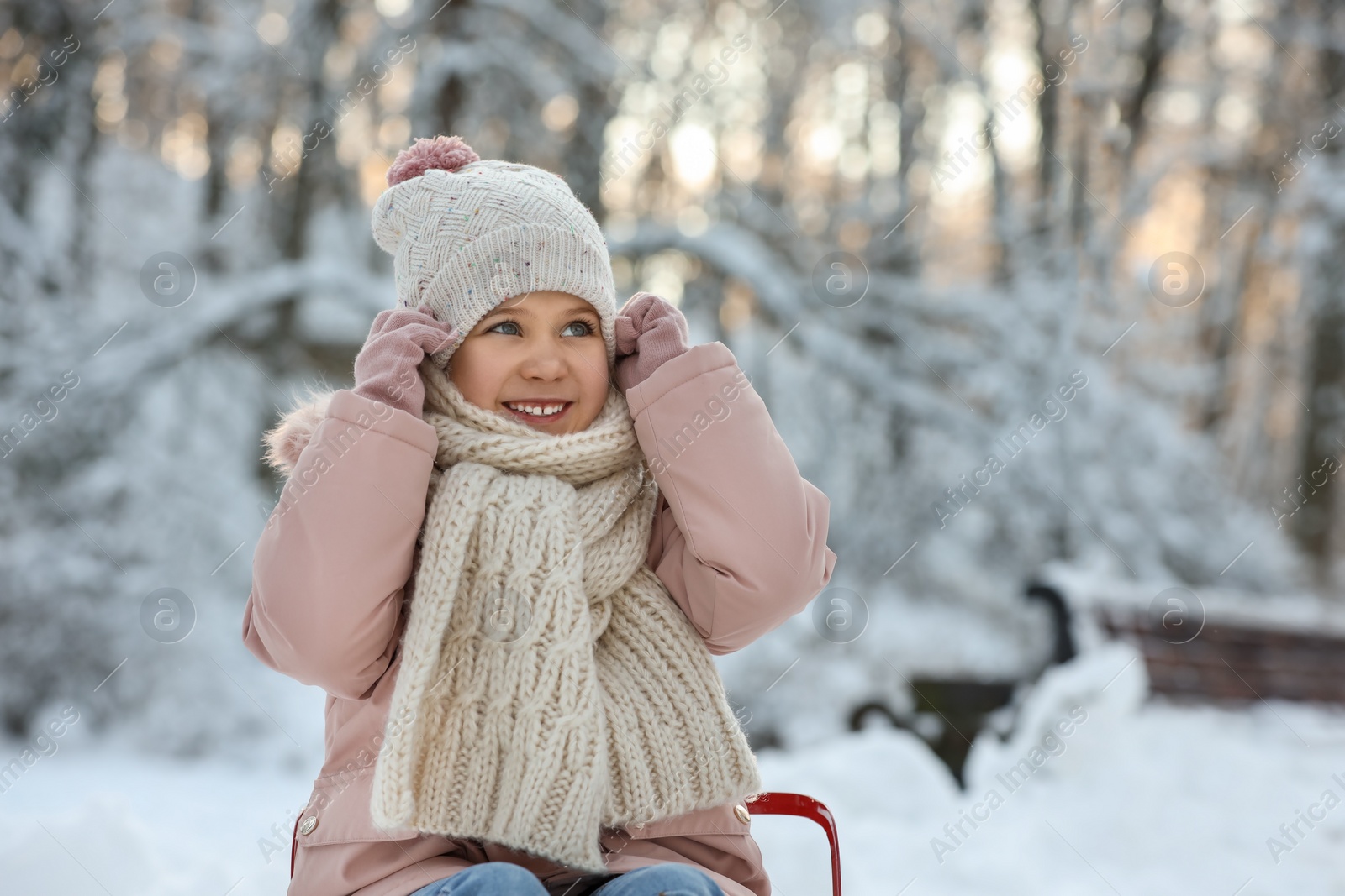 Photo of Cute little girl in snowy park on winter day