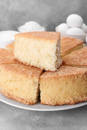 Pieces of tasty sponge cake on light grey table, closeup