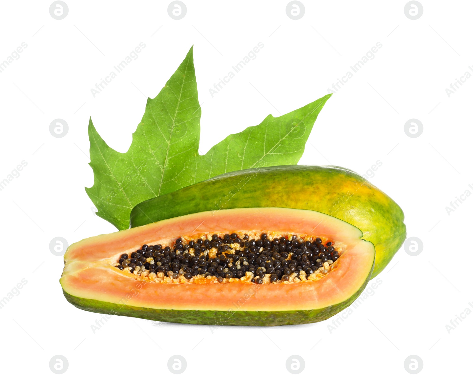 Photo of Fresh juicy ripe papayas with leaf on white background